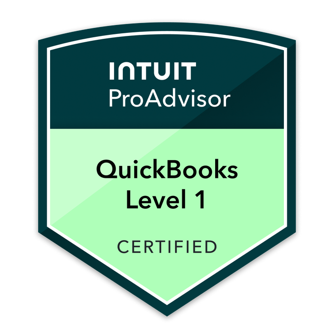 Certification badge for QuickBooks Level 1, issued by Intuit ProAdvisor.