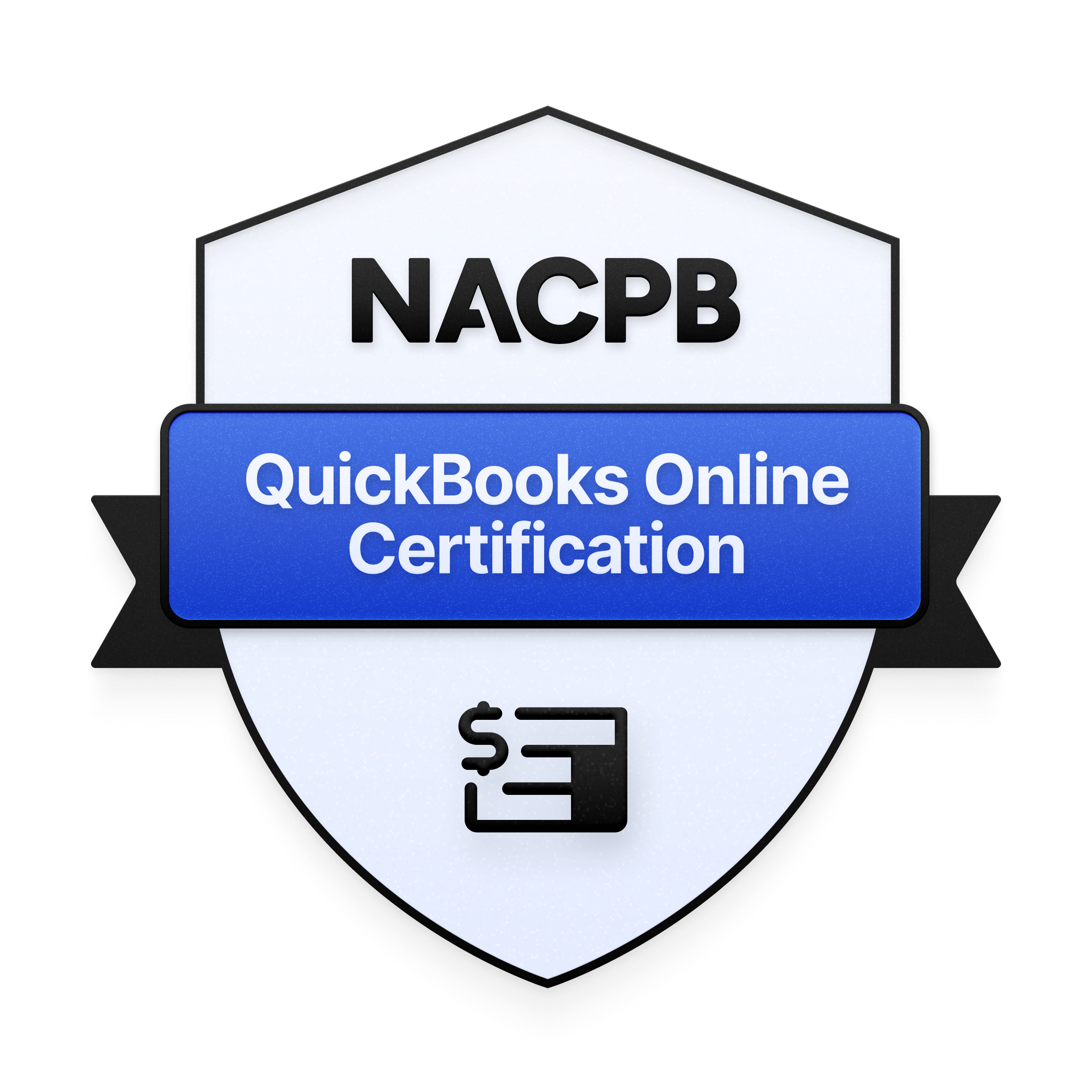 Sign with black text on a white background reading 'NACPB' and blue section below stating 'QuickBooks Online Certification' with a dollar sign icon.