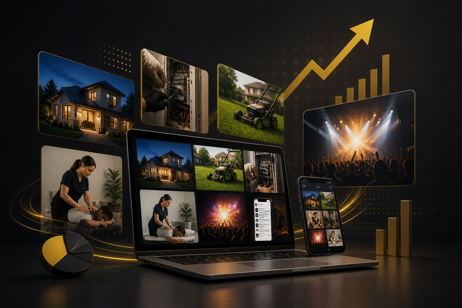 Digital collage featuring a laptop and smartphone displaying images of a house, electrician, lawn mower, a massage, a concert, and a social media feed, with graphs and charts indicating growth and success.