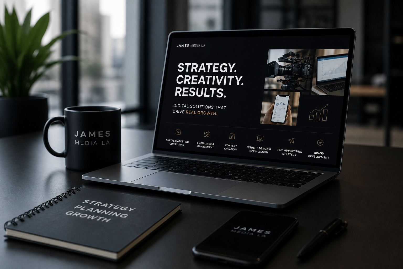 Laptop, notebook, phone, pen, mug, and plant on a desk in front of a window, with the laptop screen displaying a digital marketing agency website.