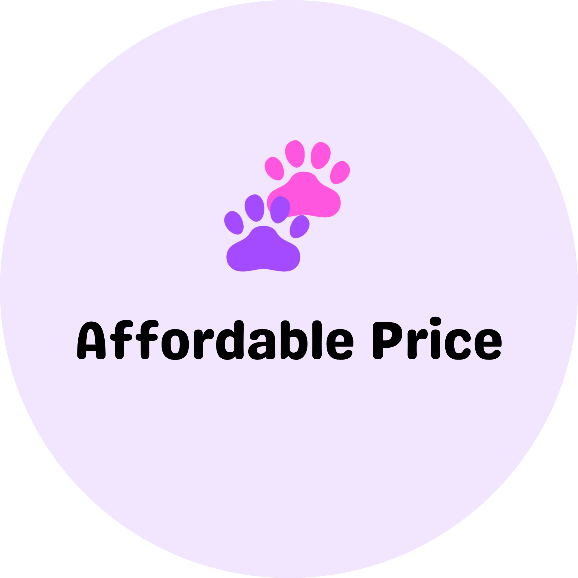 A circular logo with a light purple background featuring stylized pink, purple, and violet paw prints above the bold black text 'Affordable Price'.
