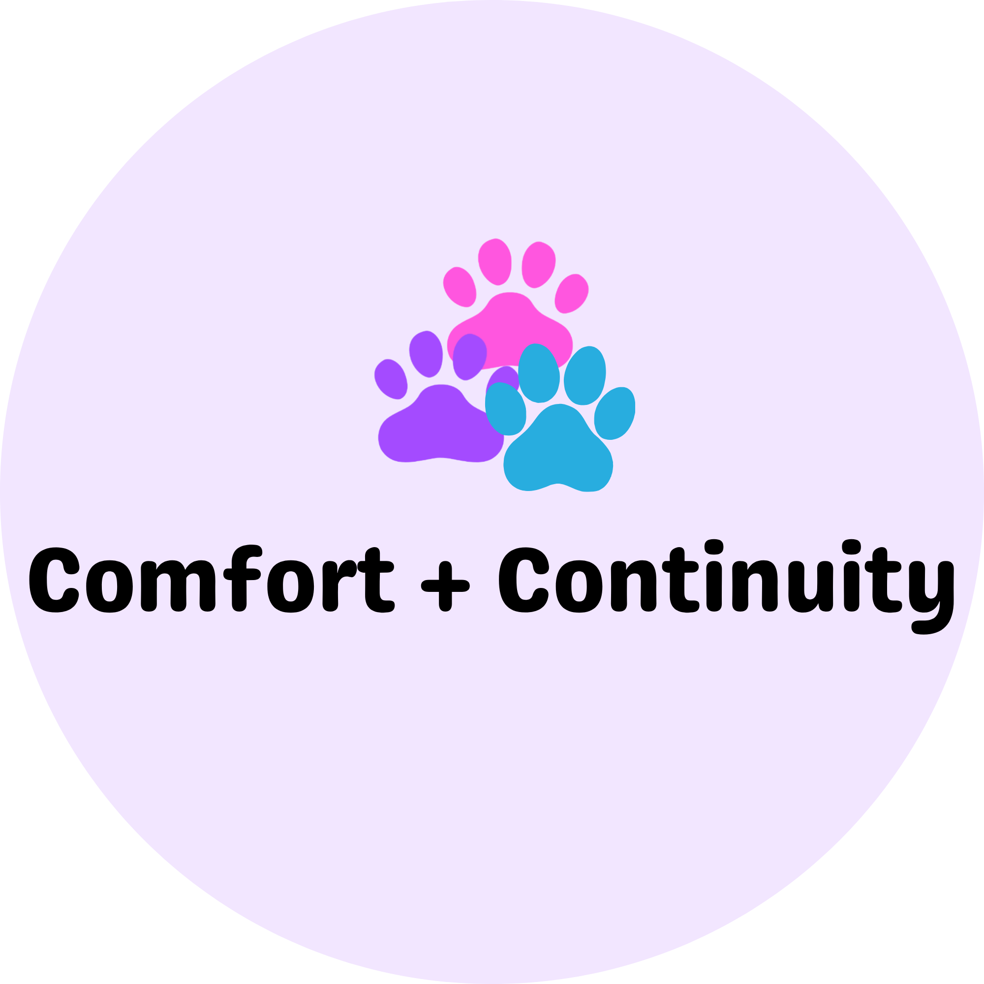A logo with multiple colorful paw prints arranged in a clustered pattern above the black text "Comfort + Continuity" on a light purple circular background.
