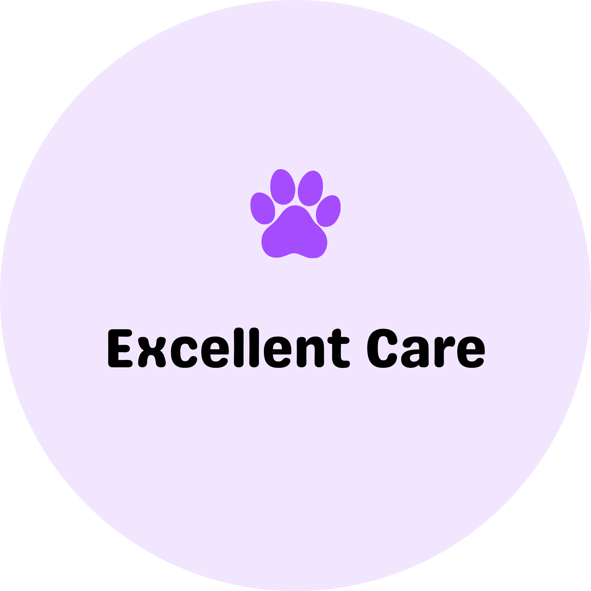Lavender circle with a purple paw print in the center and black text reading 'Excellent Care' below.