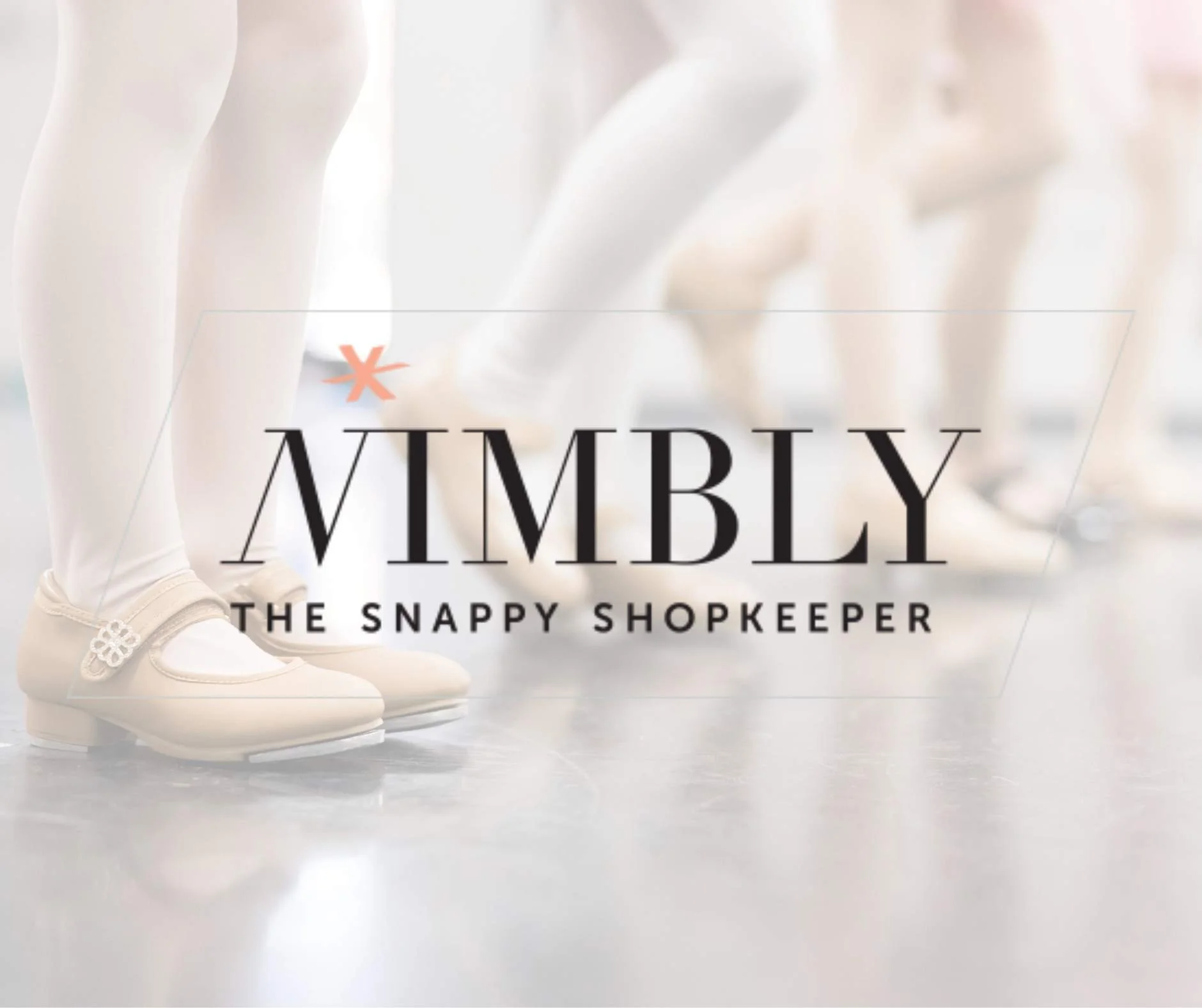 Close-up of children's white shoes and tights, with the text 'Nimbly: The Snappy Shopkeeper' overlaid.