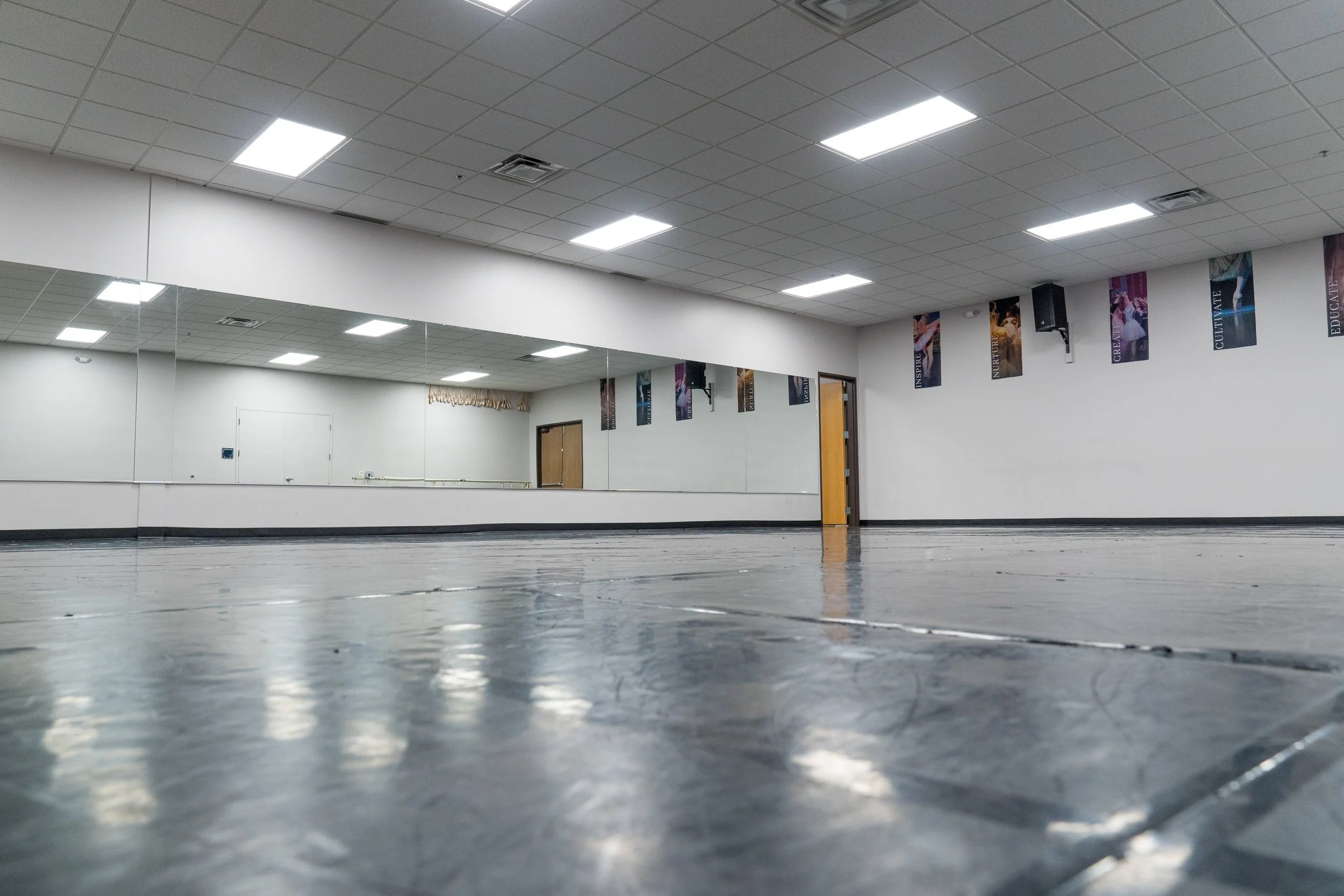 Empty dance studio with large mirrors on the wall, fluorescent ceiling lights, and a black floor.