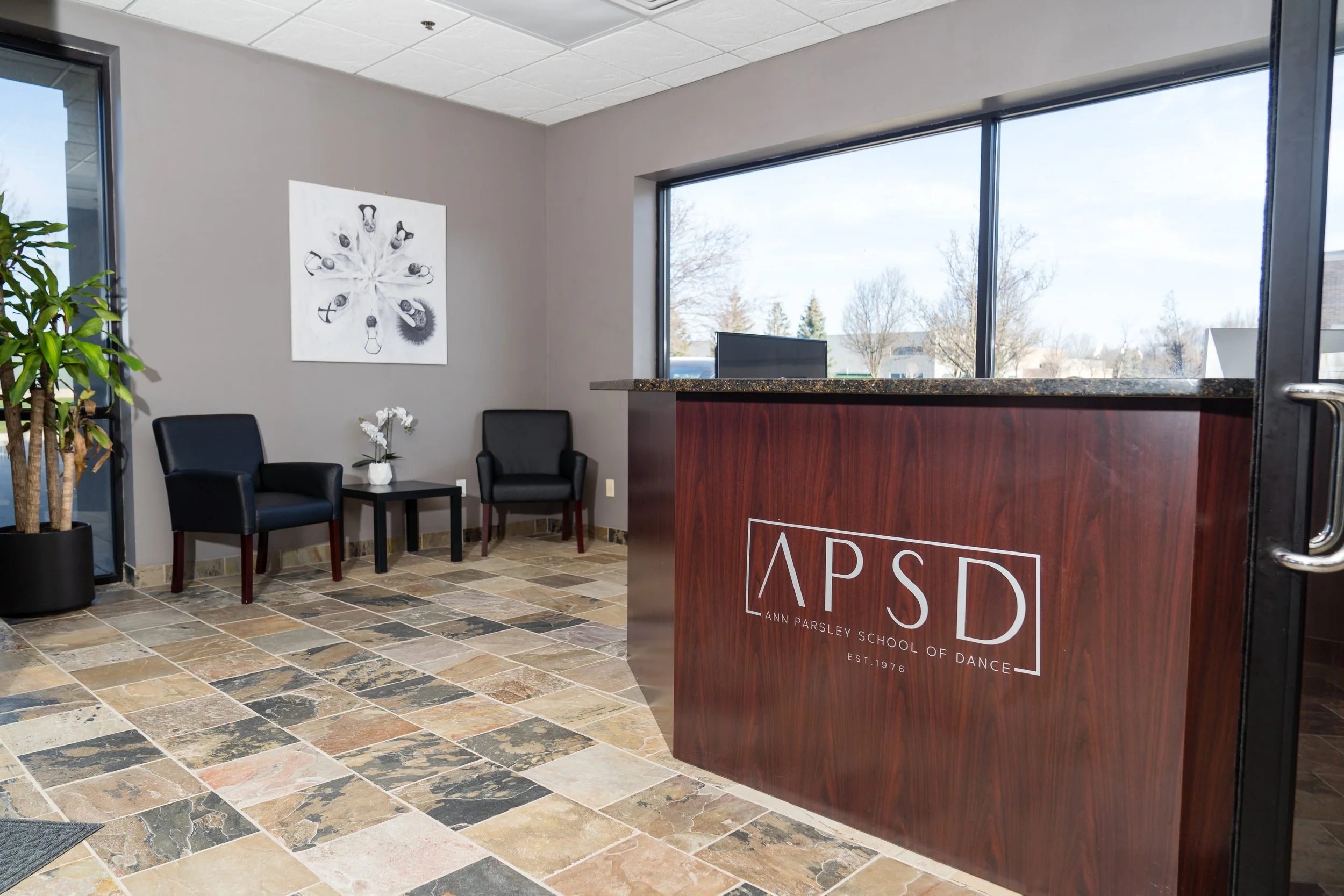 Reception area of Ann Parsley School of Dance with two black chairs, a small table with a white flower vase, and a large window showing outdoors. The front desk has the school's logo and established date.