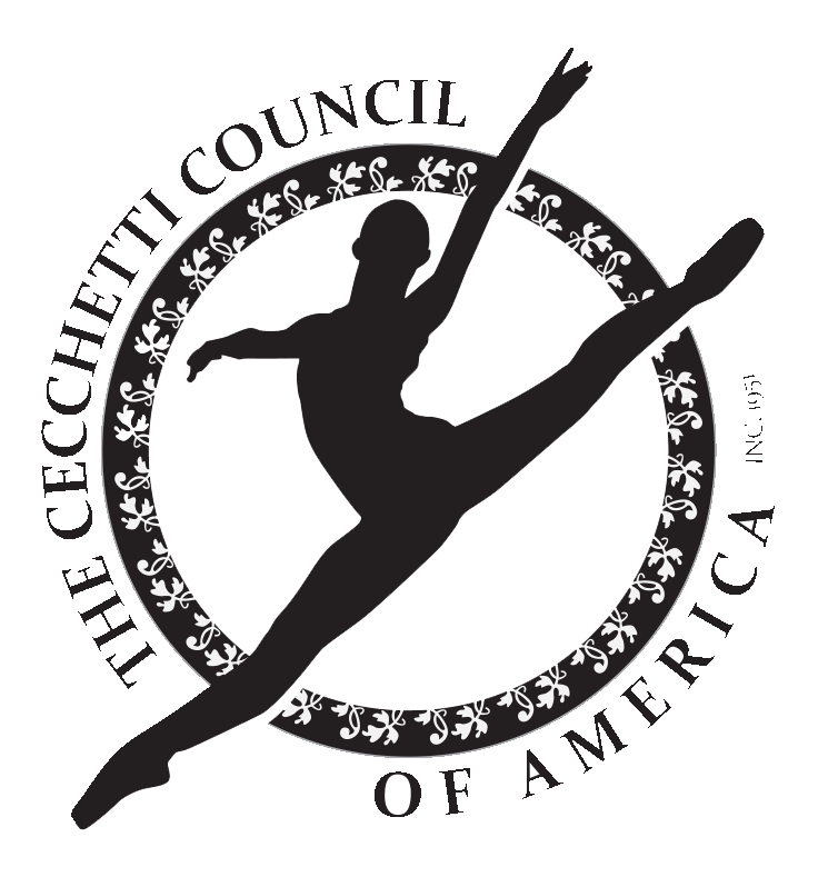 Silhouette of a gymnast performing a split leap in front of the emblem of The Checheni Council of America, featuring a circular floral border with the organization's name.