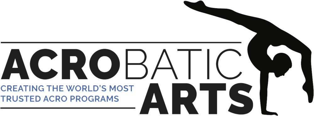 Logo of Acrobatic Arts featuring a stylized person performing a handstand on the right side of the text, with the slogan 'Creating the world's most trusted acro programs' underneath.