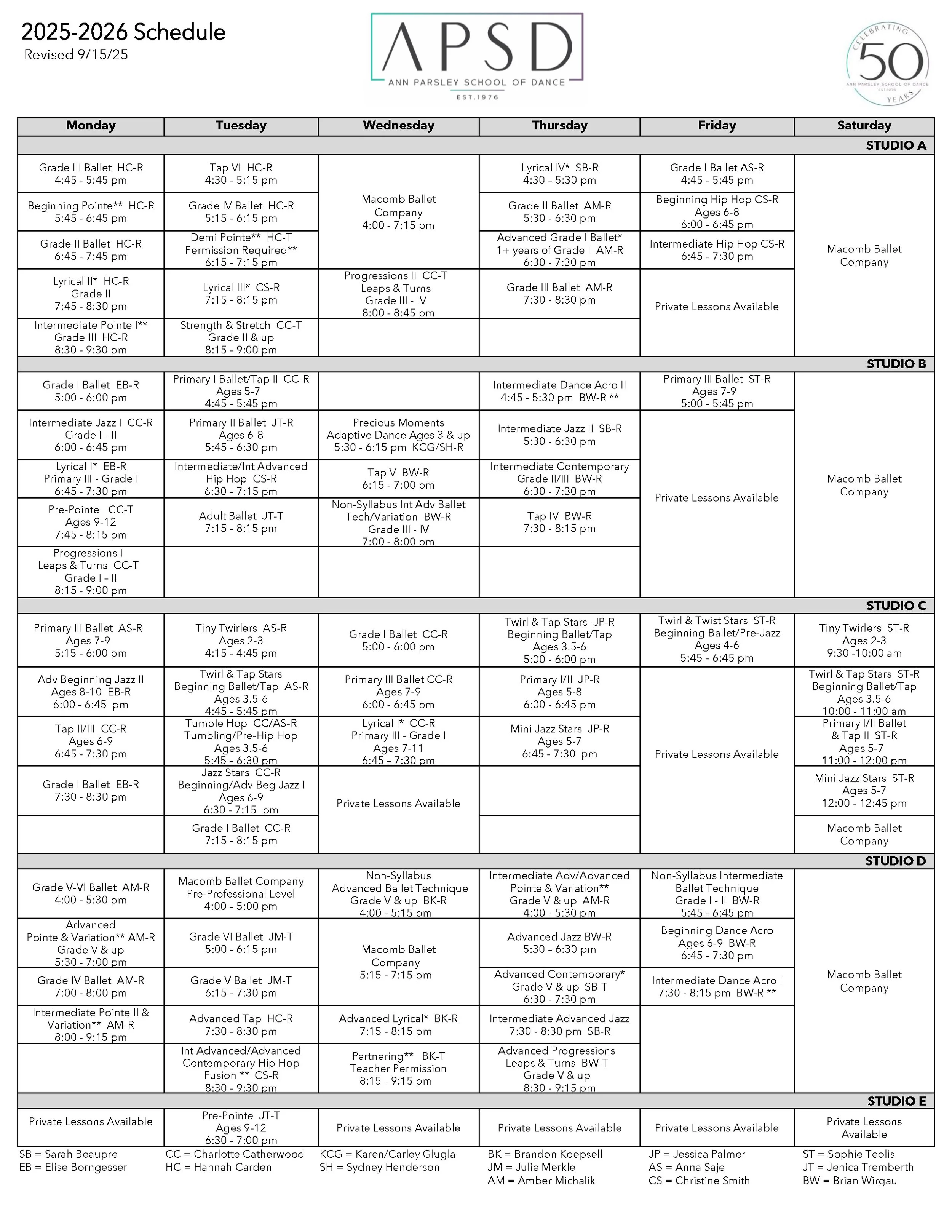 2025-2026 dance school schedule from Ann Parsley School of Dance, showing classes from Monday to Saturday across five studios (A-E), including ballet, jazz, hip hop, tap, contemporary, and private lessons with specific age groups and times.