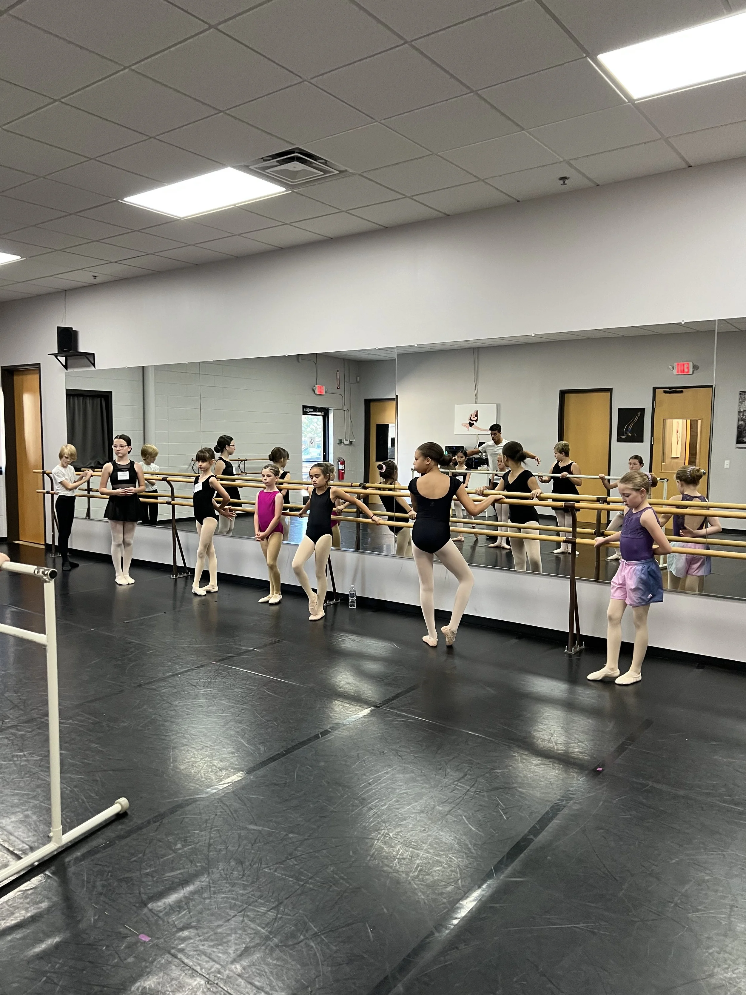 Group of young ballet dancers in leotards and tights practicing at barre in dance studio with mirror and ballet prints on the wall.