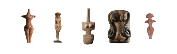 Photographic display of six ancient figurines or artifacts made of clay or similar material, each with distinct shapes and styles.