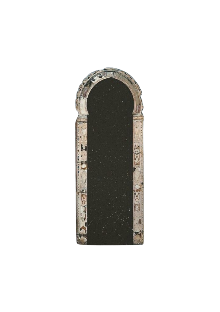 An architectural archway with intricate decorations surrounding a black space filled with tiny stars. The background is solid black.