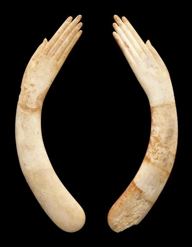 Two ancient ivory or bone carved objects resembling stylized hands with extended fingers, curved and presented against a black background.