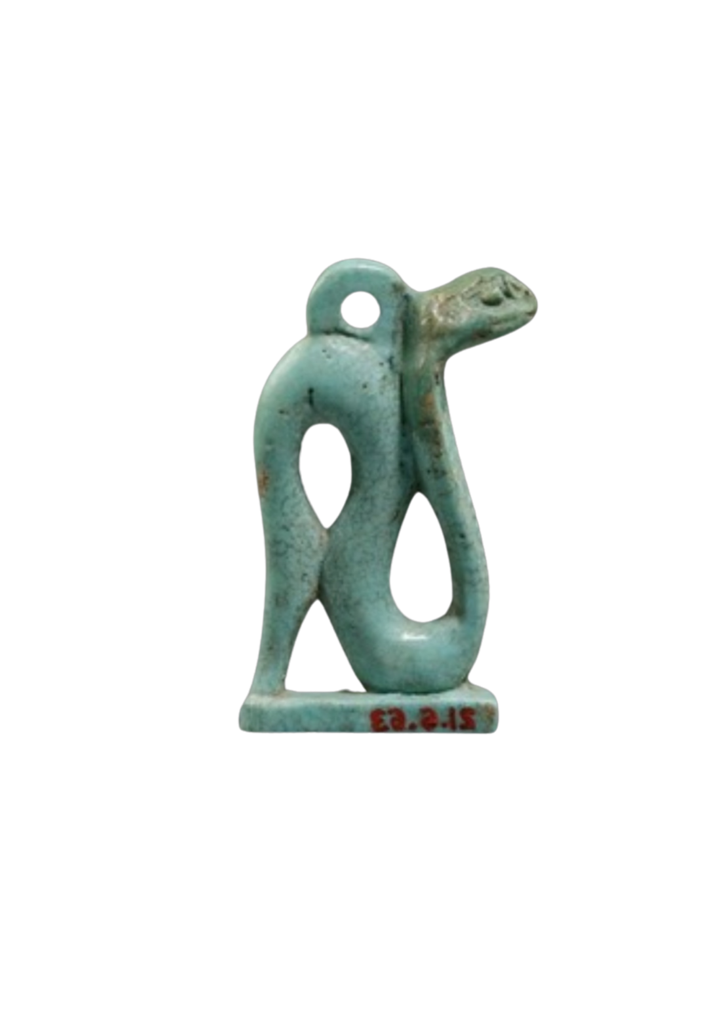 Ceramic figurine of a stylized animal with a long neck and large open loops as legs and base, with a hole in its back and a protruding snout, labeled with red text 'STG.2.3' on the base.