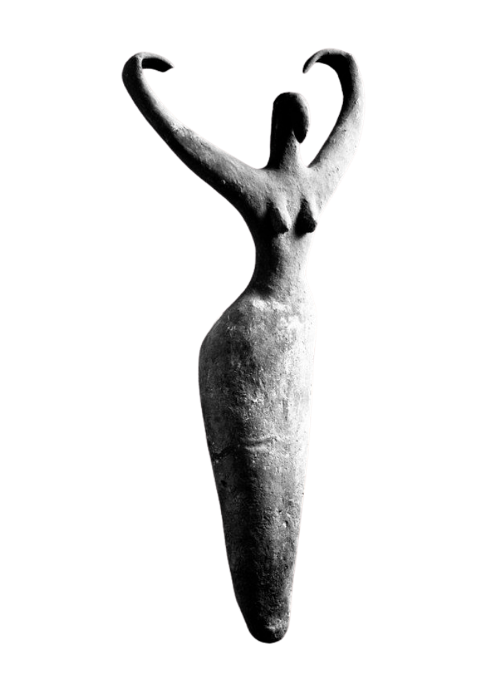 A black and white sculpture of a woman with arms raised above her head, forming a heart shape.