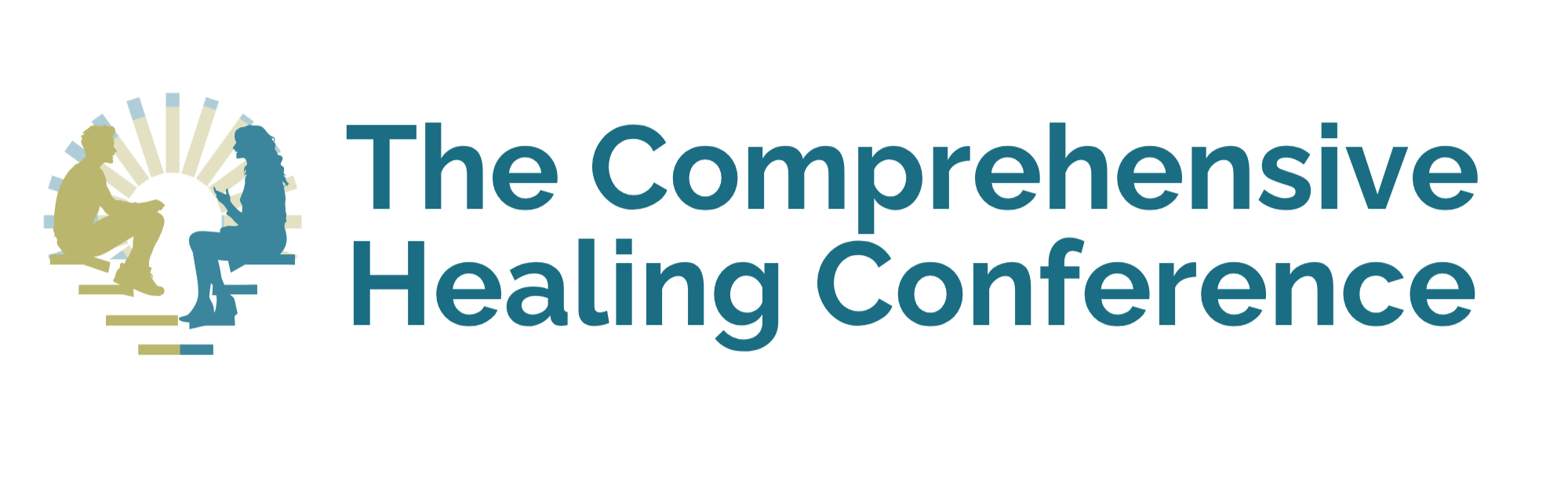 The logo of The Comprehensive Healing Conference featuring two human figures, one olive green and one teal, kneeling facing each other with a circular radiating pattern behind them, and the event name in blue text.