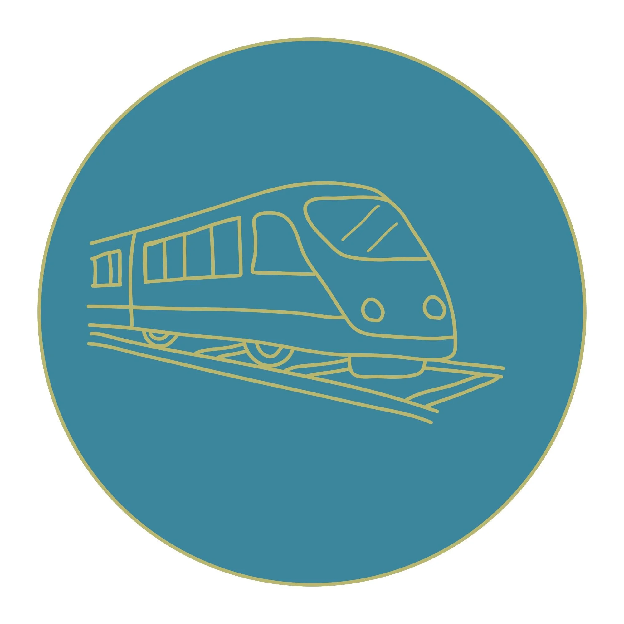 Green icon of train in turquoise blue circle