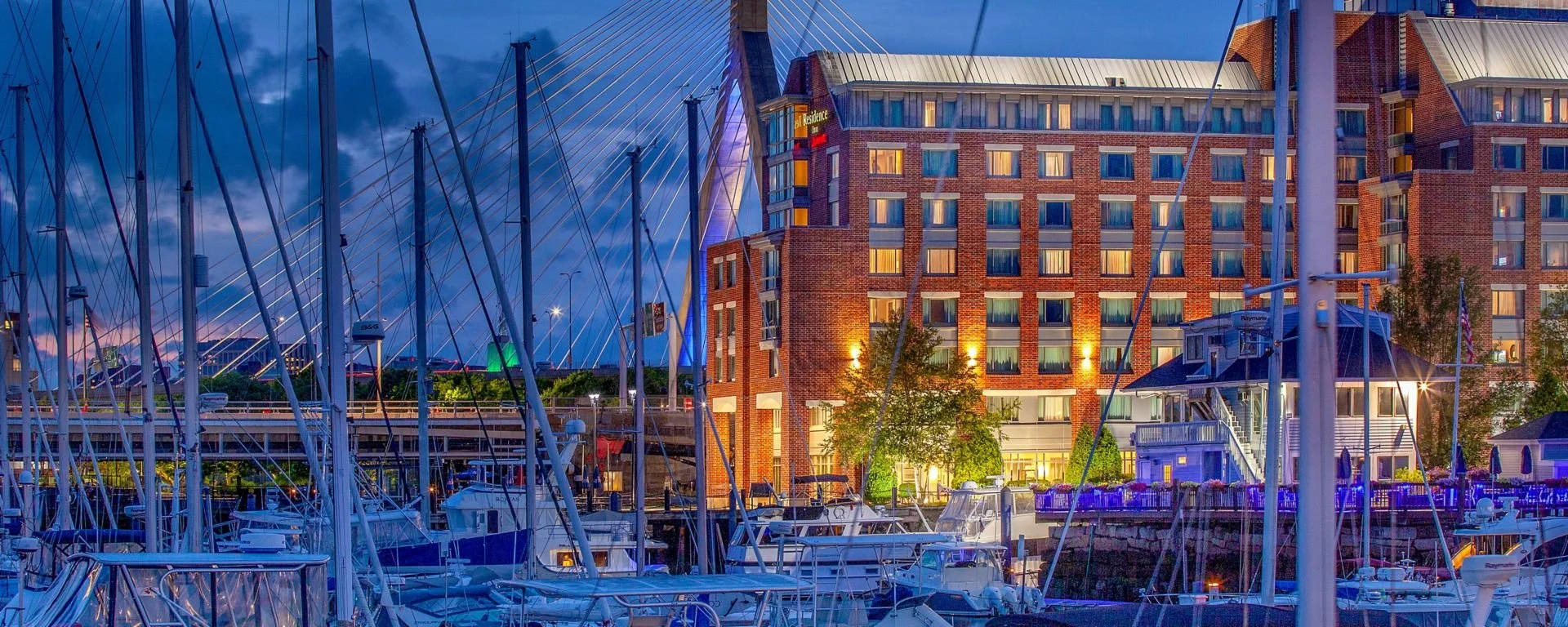 View of Residence Inn Boston Harbor Tudor Wharf, Marriott and wharf at night