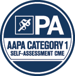 A badge or sticker with the letters 'PA' and an icon of a microscope, indicating AAPA Category 1 Self-Assessment CME.