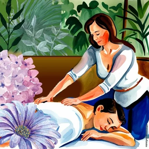 An illustration of a woman giving a massage to a man lying face down on a massage table, surrounded by large green plants and purple flowers.