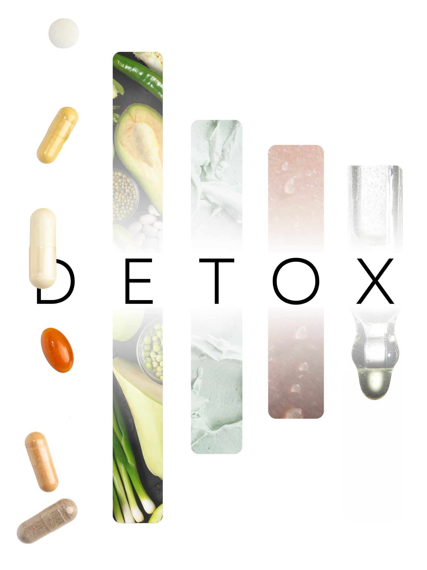 Image shows a variety of dietary supplements including capsules, tablets, powders, and liquids, with the word 'DETOX' spelled out in large letters.
