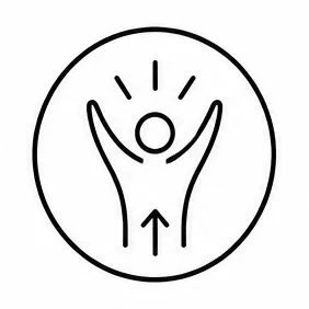 A simple line drawing of a person with arms raised inside a circle, with an upward arrow beneath them and lines radiating from the head, suggesting empowerement.