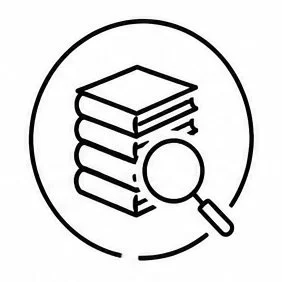 Stack of studies with a magnifying glass in front symbolizing advanced research.