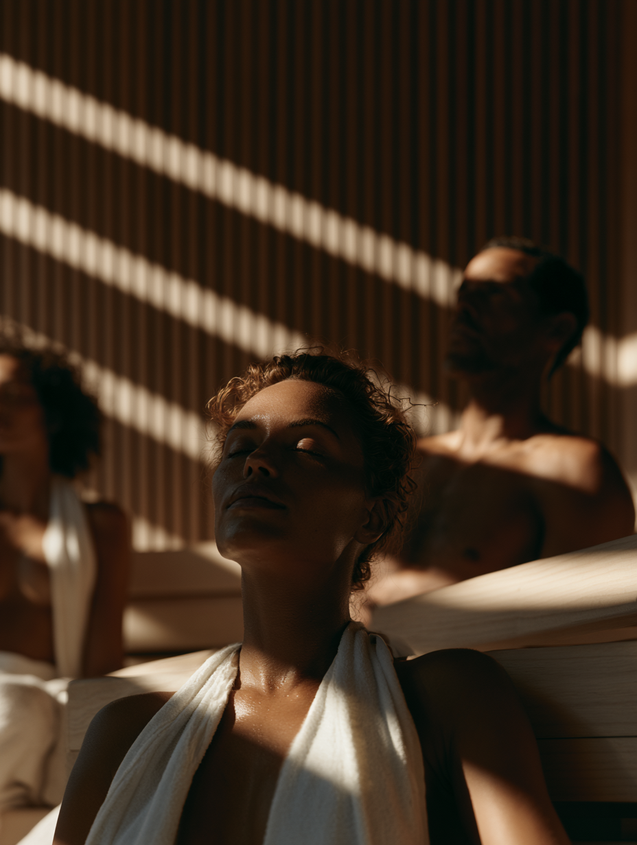People relaxing in a sauna with wooden walls and warm lighting, some with towels around their shoulders.