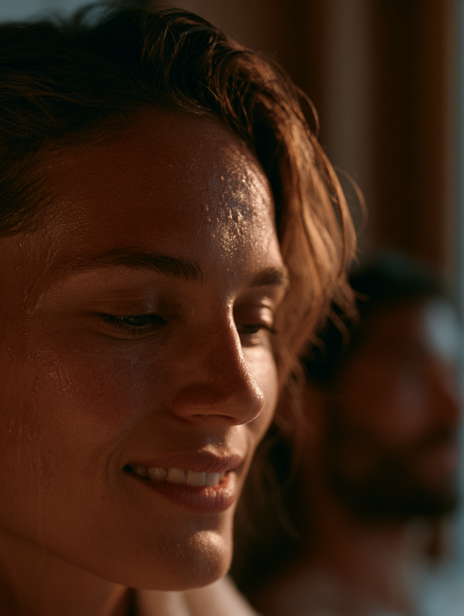 Close-up of a woman with wet hair, smiling softly, looking downward, with sunlight highlighting her face.