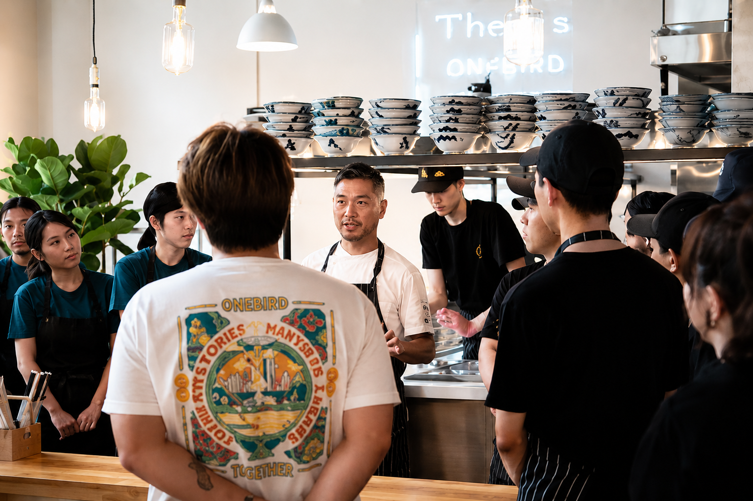 A group of people listening to a chef giving a presentation in a modern kitchen or restaurant setting. Shelves with stacked bowls and pendant lights are visible, along with a neon sign in the background and green plants for decoration.