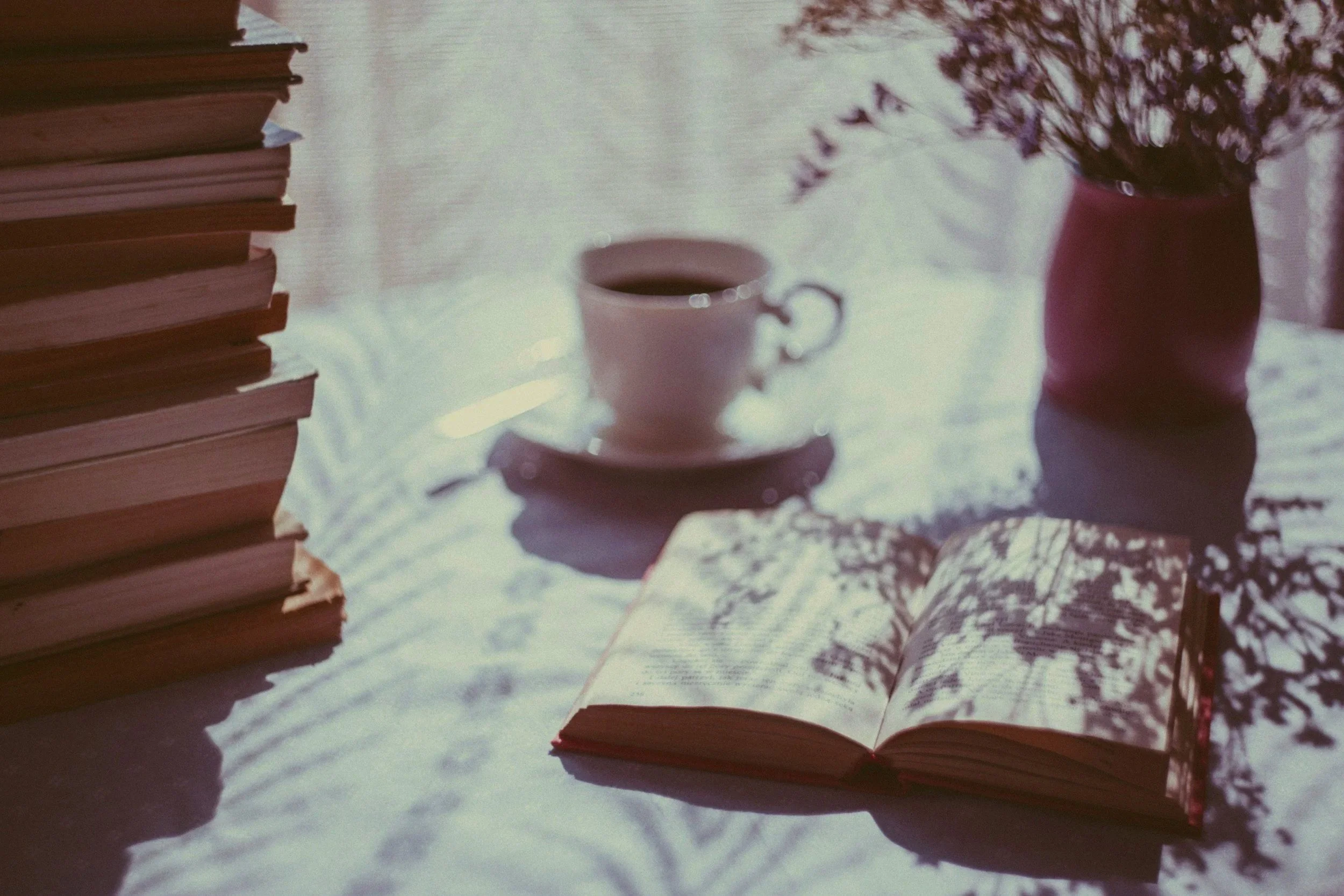 An open notebook on a table with a cup of coffee, a potted plant, and a stack of books nearby, with shadows cast by a window with curtains.