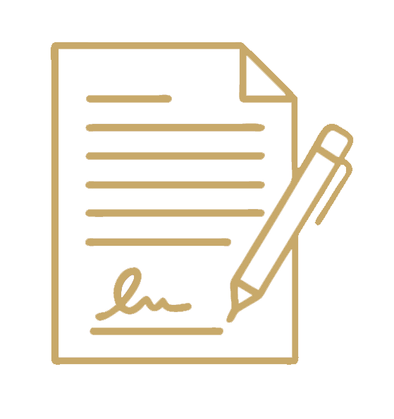 An illustration of a document with signature lines and a pen.