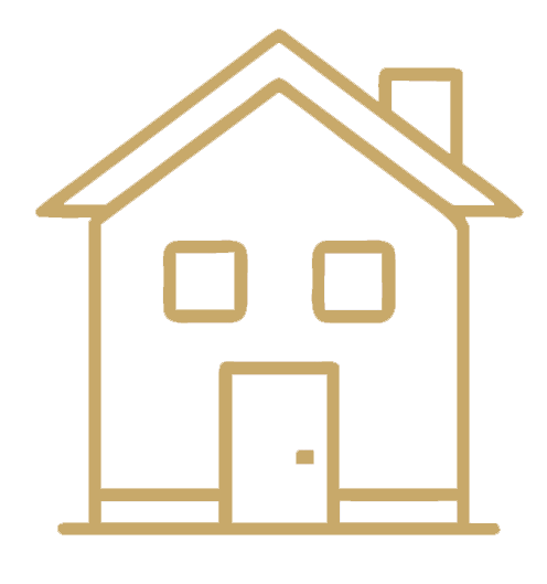 Icon of a house with a front door, two windows, a gabled roof, and a chimney.