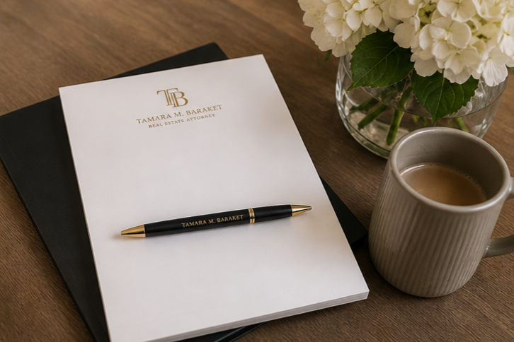 The image shows a close-up of a desk with a white notepad, a black folder, and a gold and black pen inscribed with "Tamara M. Baraket". There is a gray ceramic mug filled with coffee and a glass vase with white hydrangea flowers on the desk.