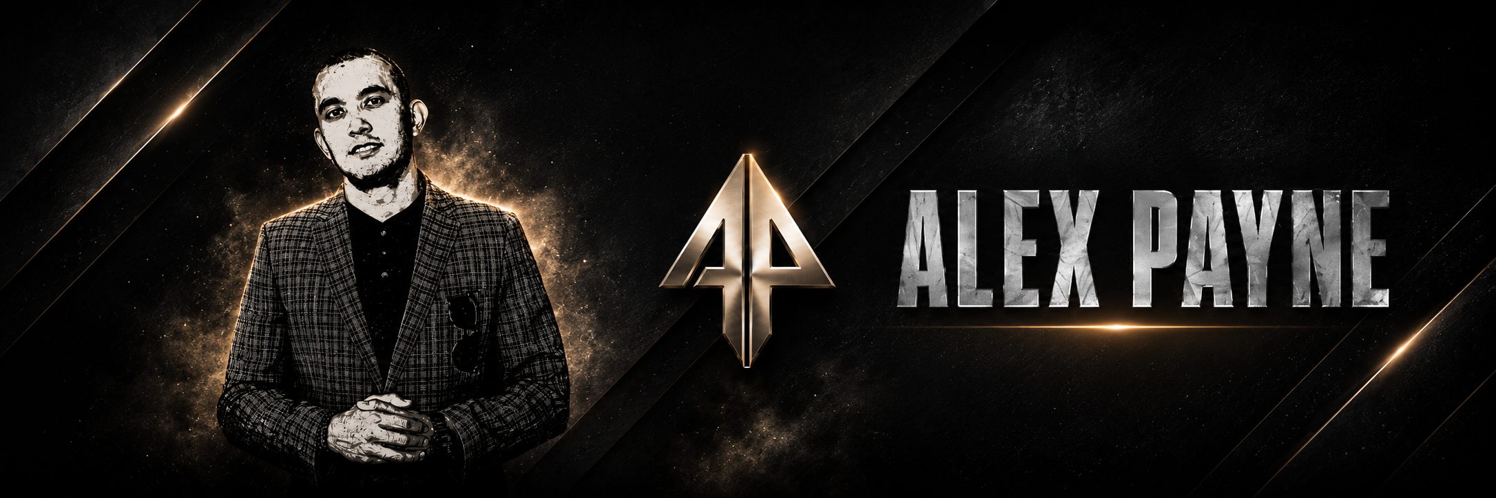 Photo of a man in a checkered blazer with sunglasses hanging from his shirt, standing in front of a dark, futuristic background with the name Alex Payne and a stylized logo.