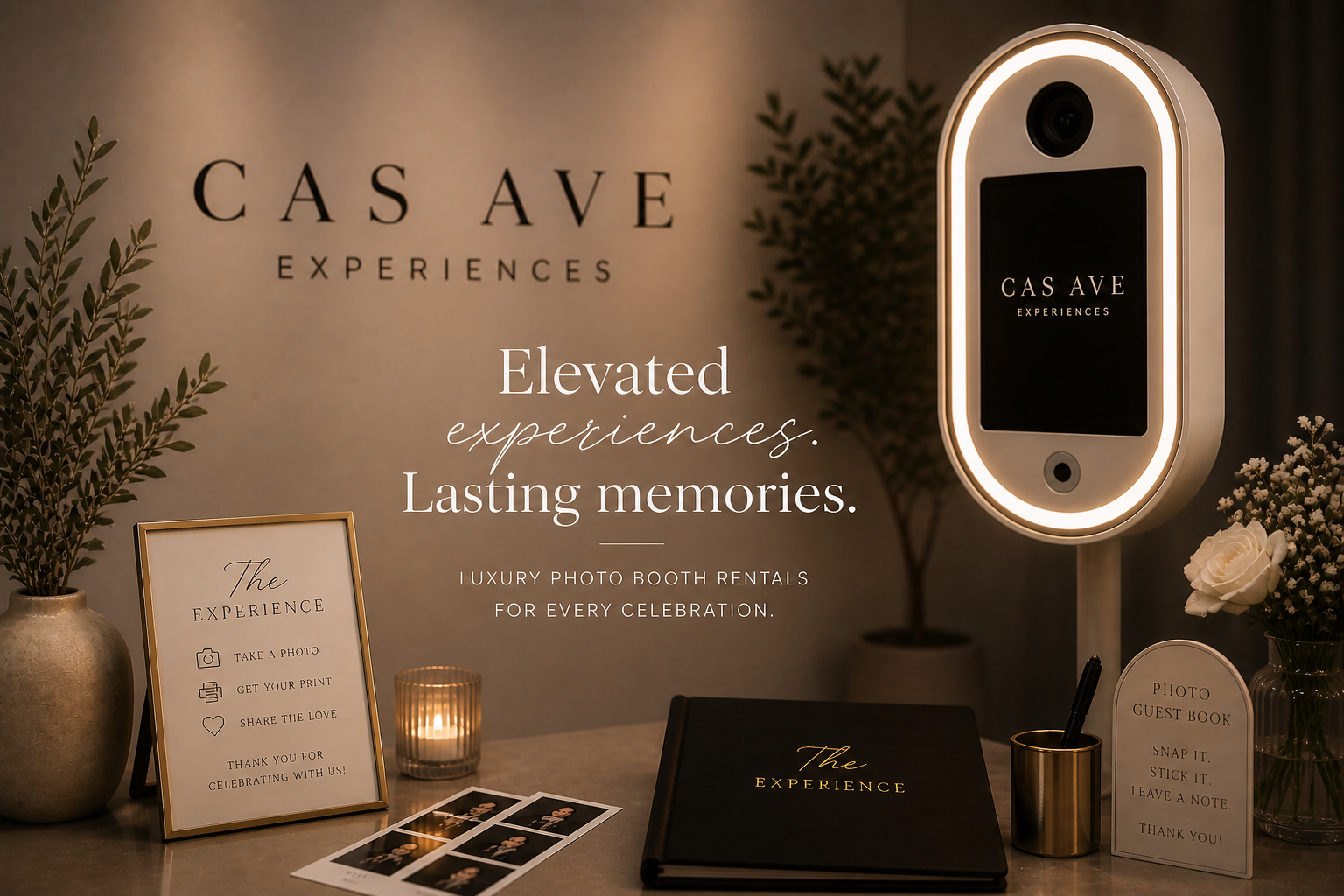 Photo booth setup with a sign that says "Elevated experiences. Lasting memories." for luxury photo booth rentals at celebrations, featuring a wall mirror with lighting, framed sign, photo strip, guest book, flowers, candles, and decorative items.