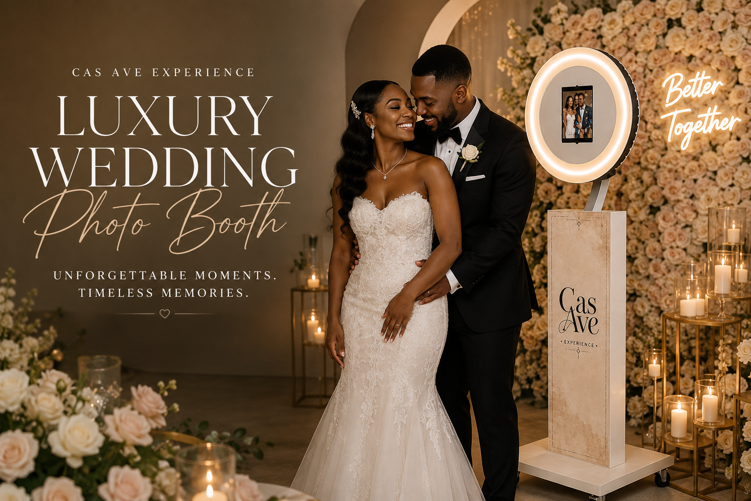 A bride and groom in wedding attire sharing a moment at a wedding photo booth with floral background, candles, and a illuminated ring light for photos.