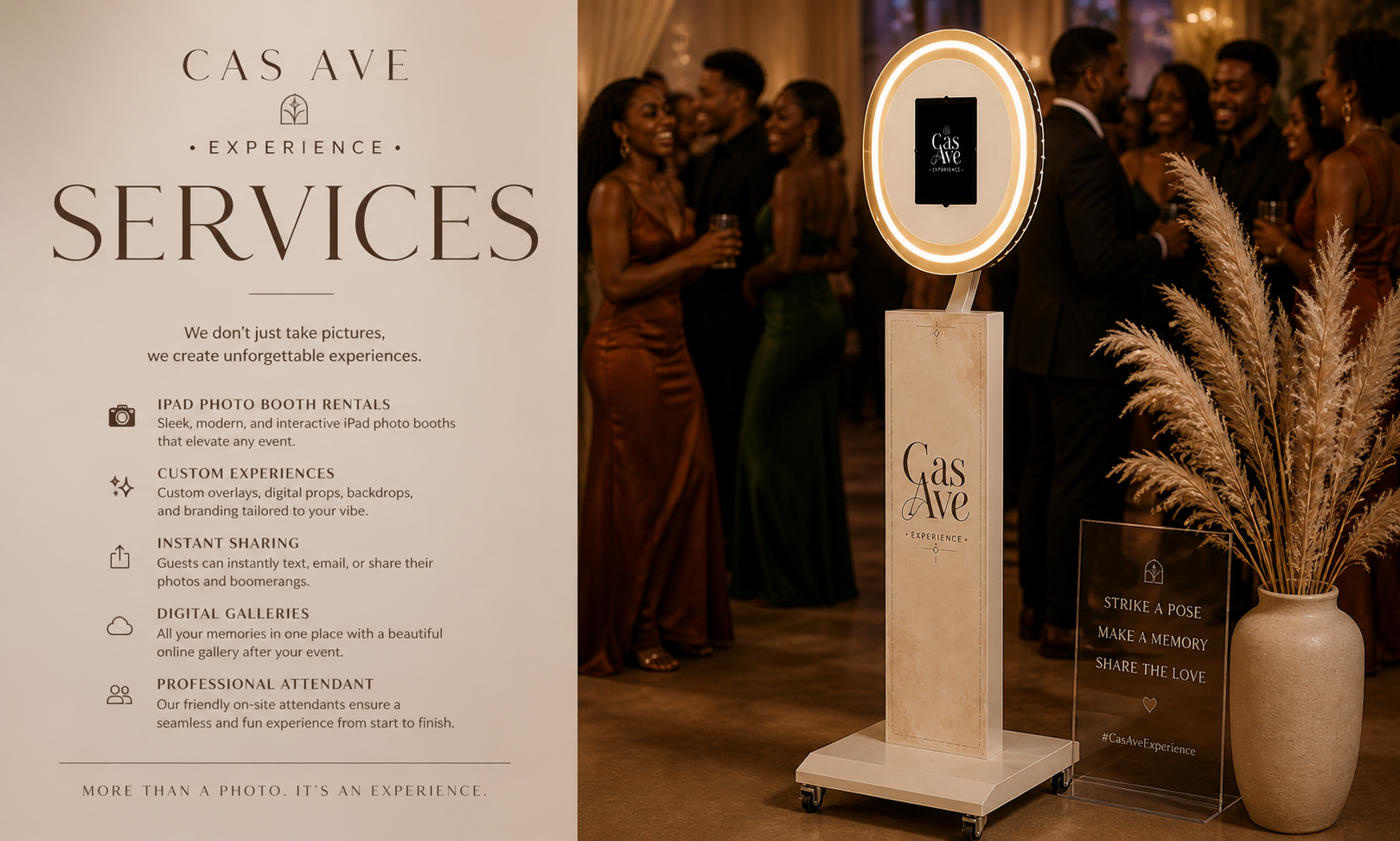 Guests in elegant attire enjoying a celebration at a decorated event venue, with signage promoting services like photo booths, custom experiences, instant sharing, and professional attendants.