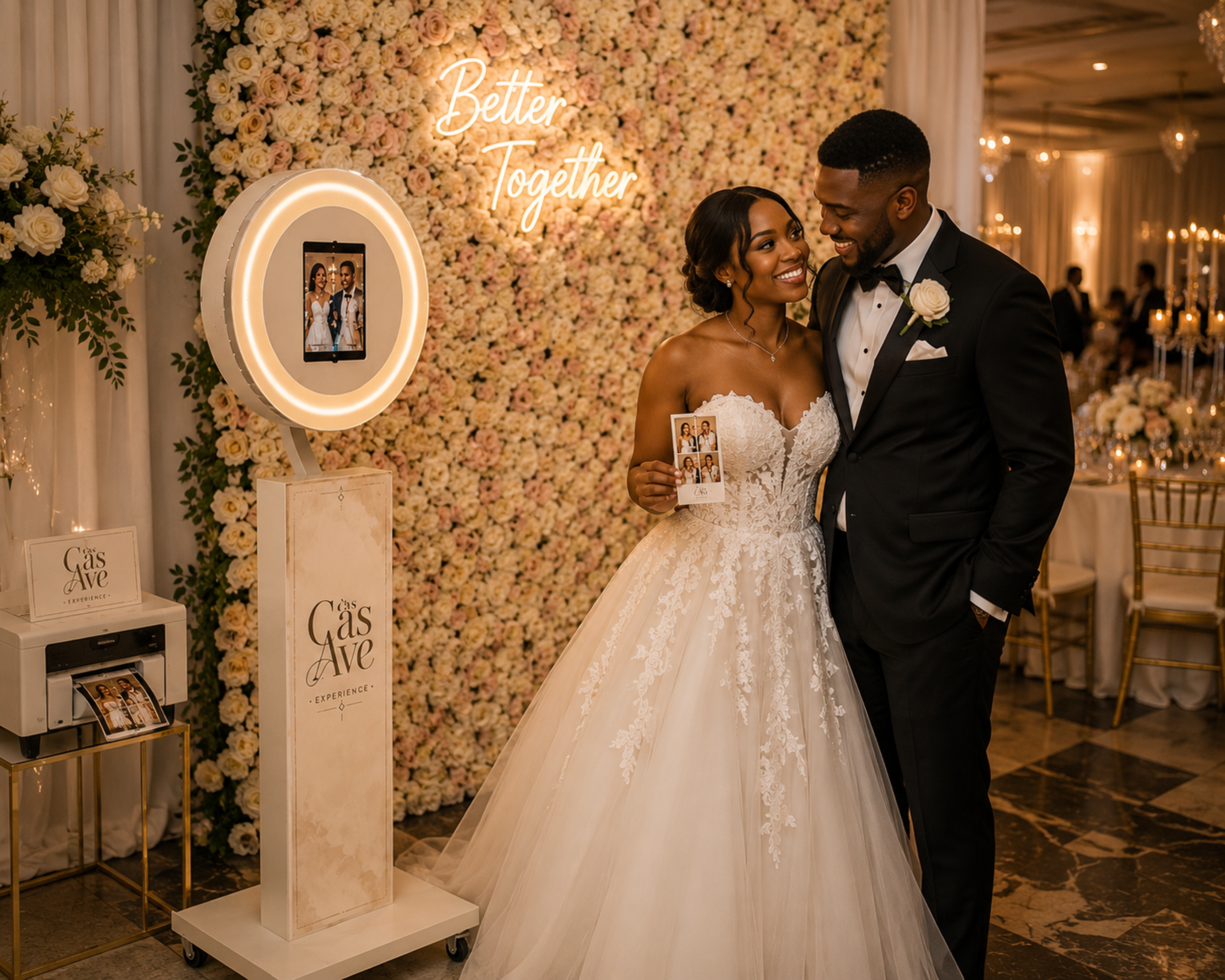 A bride and groom smiling at each other at their wedding reception, standing in front of a floral wall with a neon sign that reads 'Better Together'. The bride is holding a photo booth strip while the groom wears a tuxedo with a white rose boutonniere.
