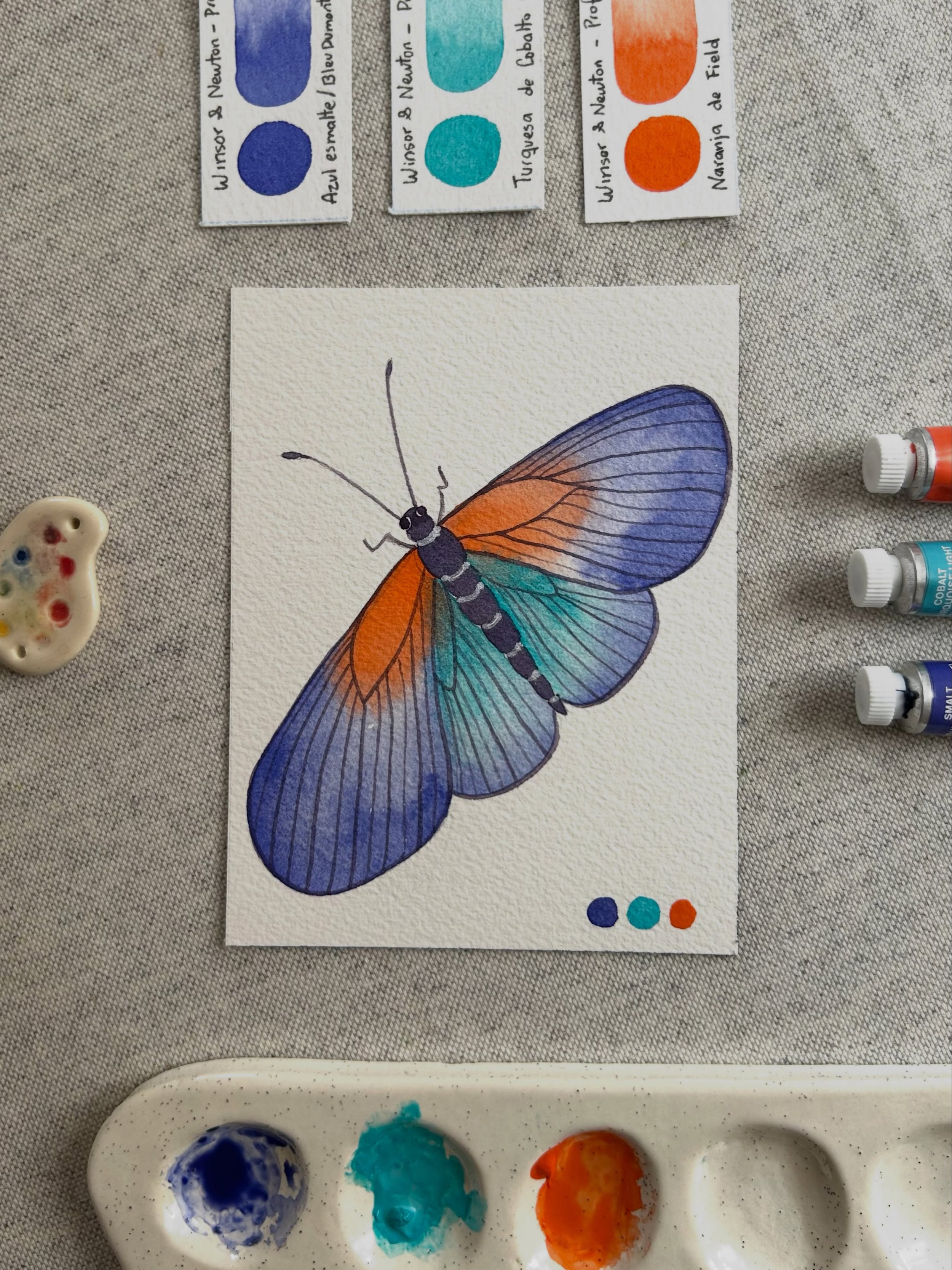 Usando una paleta de Split Complementarios ha surgido esta mariposa.

Desde el naranja que se sale del papel y el morado intenso que me ha servido para que resalten los detalles.

Es de mis combinaciones de colores favoritas.

Ya solo quedan dos d&ia