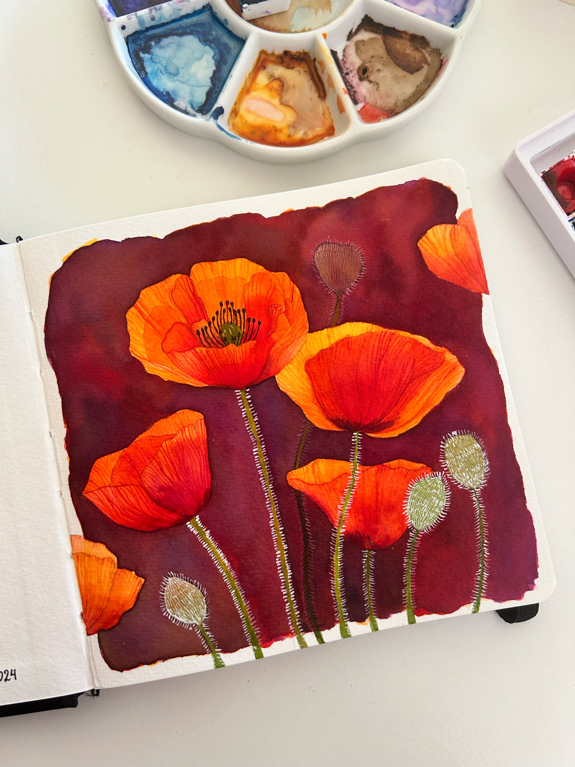 Ilustración en acuarela de amapolas rojas pintadas a mano por carlissima.