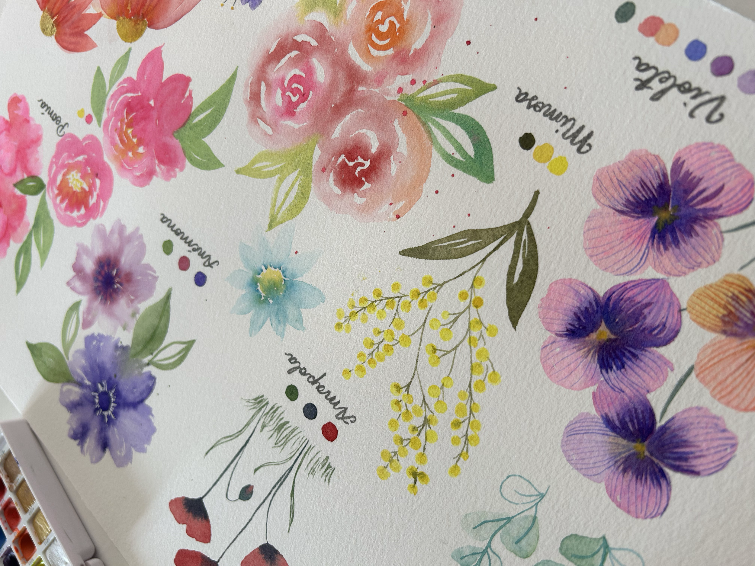 Patrón floral en acuarela con flores, hojas y detalles botánicos.