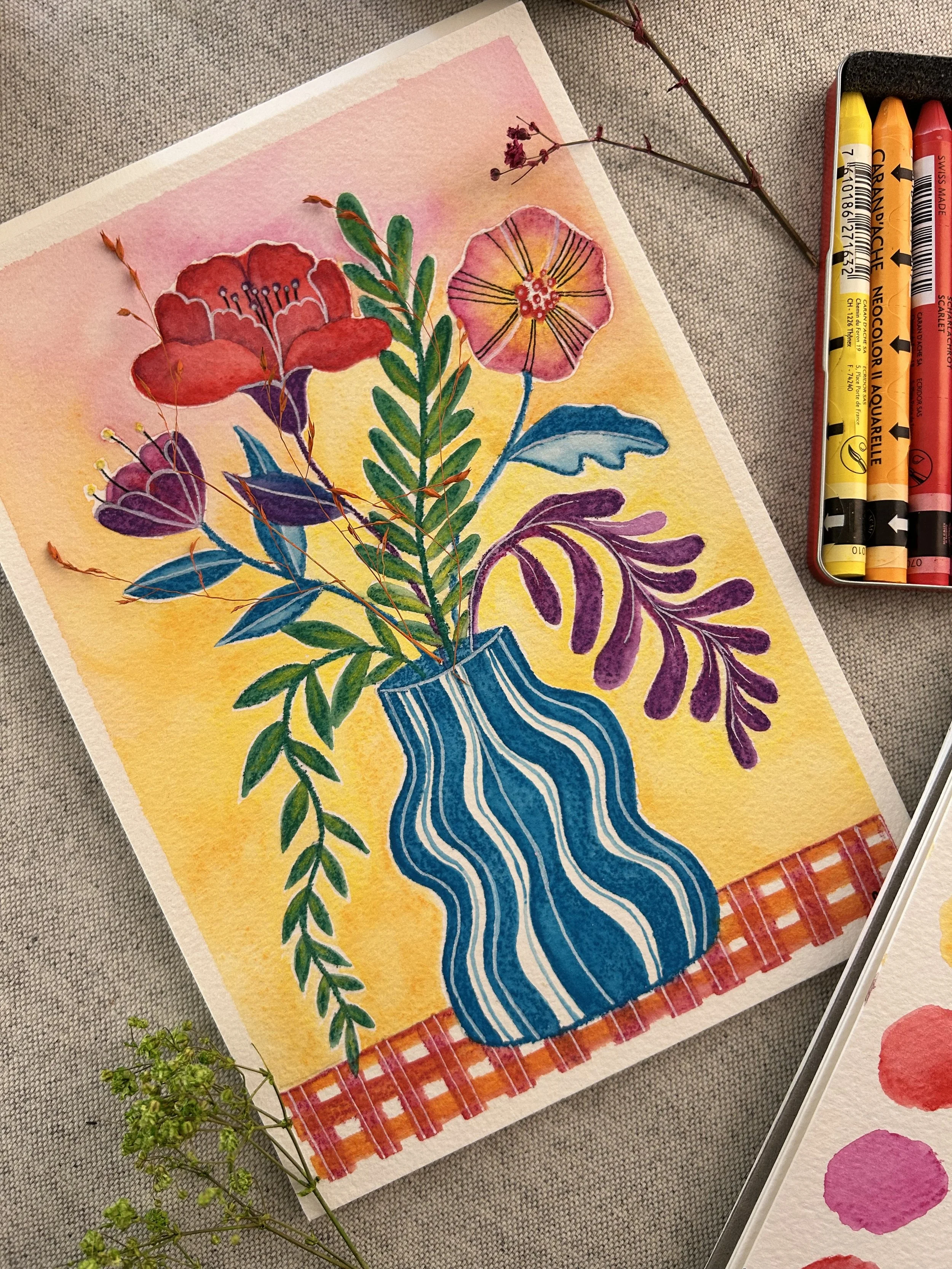 Jarrón con flores hechas con acuarelas