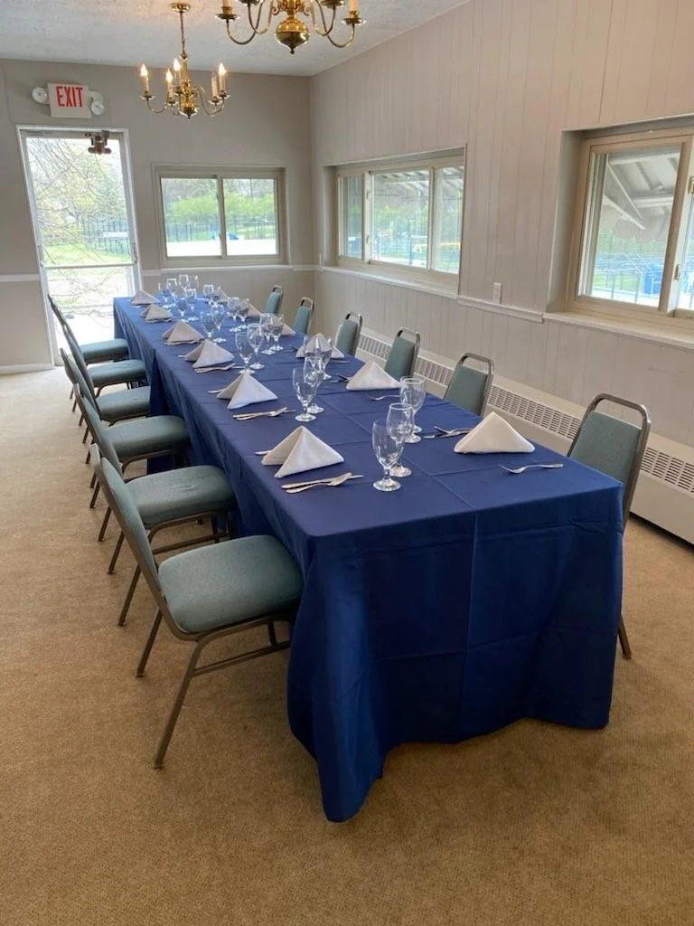 Long table set for a formal event with a blue tablecloth, white napkins folded into triangles, glasses, and silverware, in a room with windows, beige carpet, and a chandelier.