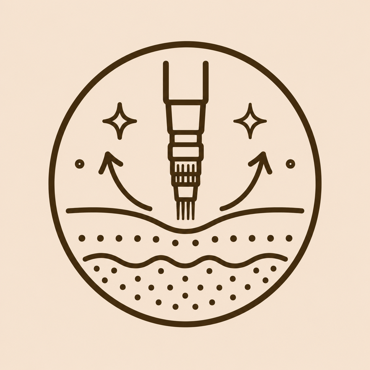 A circular illustration of a scuba diver underwater with a smiling face, surrounded by sparkling stars and two curved arrows, with water waves and bubbles below.