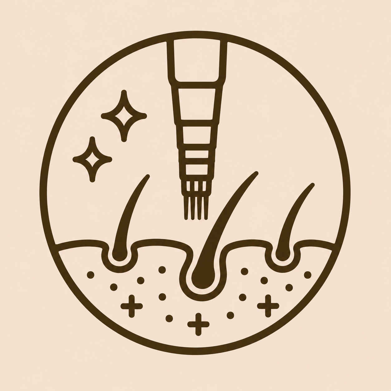 Simple line drawing of a facial skincare brush or tool with sparkles and dots representing cleanliness or skin care.