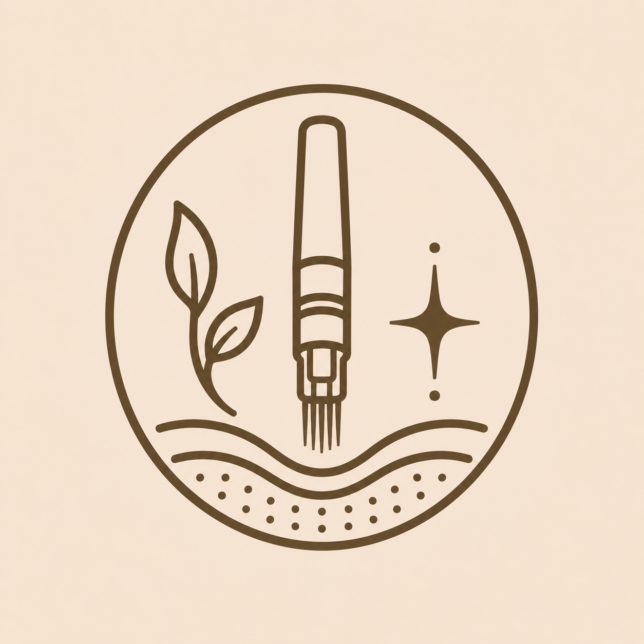 Line drawing of a rocket, a leaf, and a star within a circle, with curved lines and small dots at the bottom.