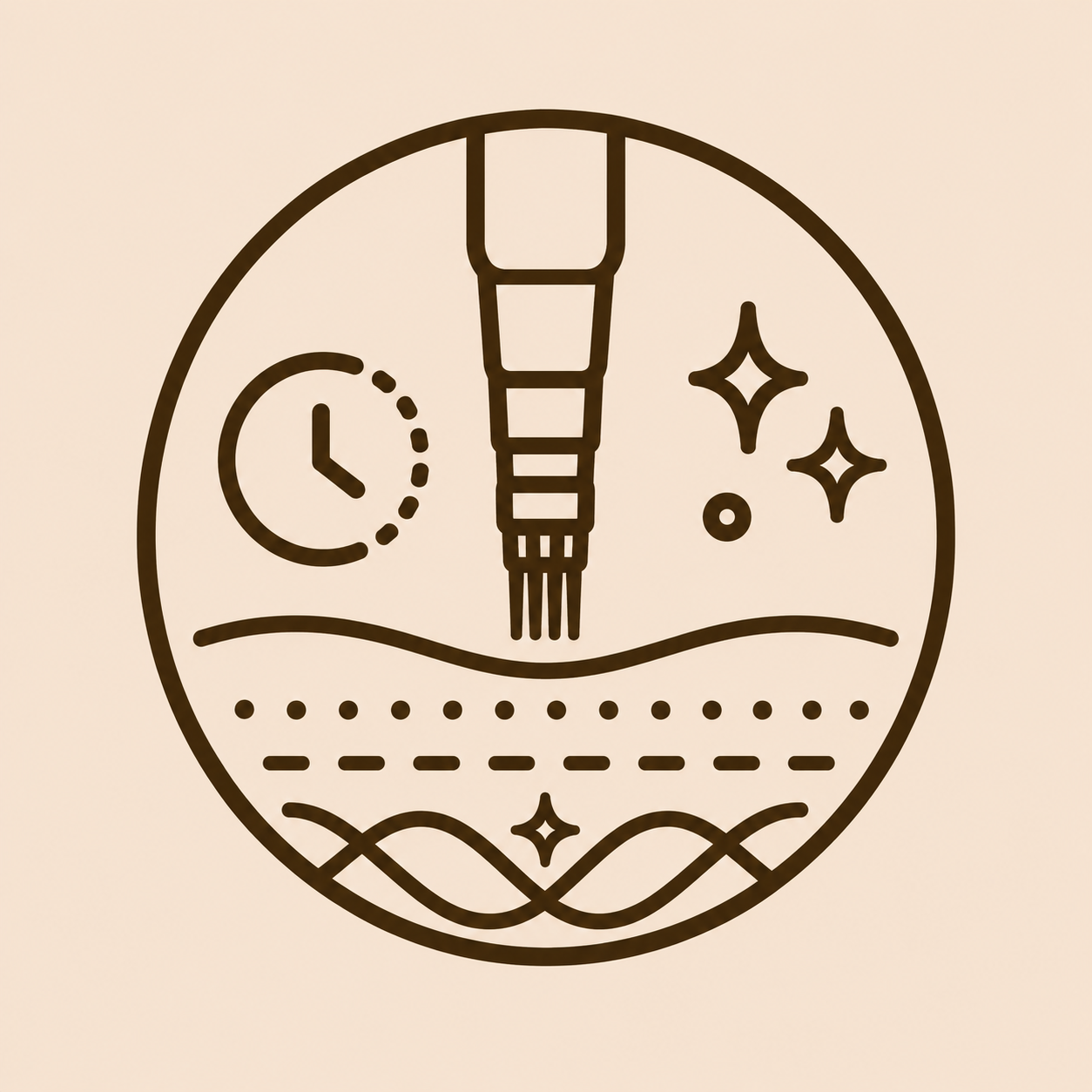 A circular line art illustration of a dishwashing icon with a sponge and water, a clock symbol, sparkling stars, and dotted lines indicating cleanliness.
