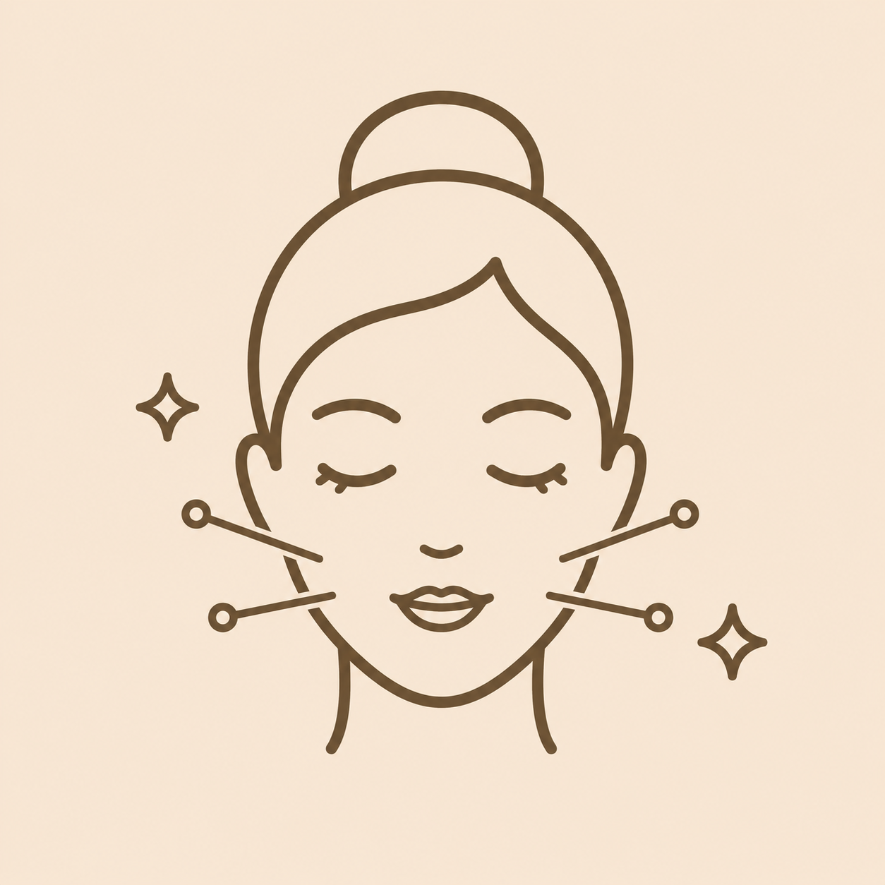 Line drawing of a woman with her eyes closed, smiling gently, with her hair in a bun, surrounded by sparkles and lines indicating facial skincare or massage.