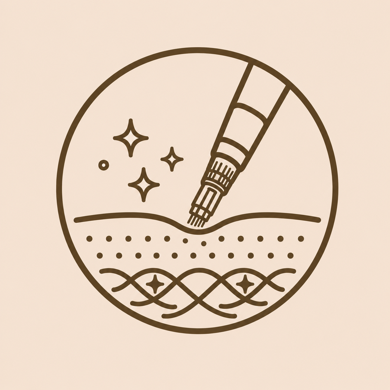 A line drawing of a microneedling device in a circular frame, with sparkling effects and dotted patterns underneath, suggesting skincare or cosmetic treatment.